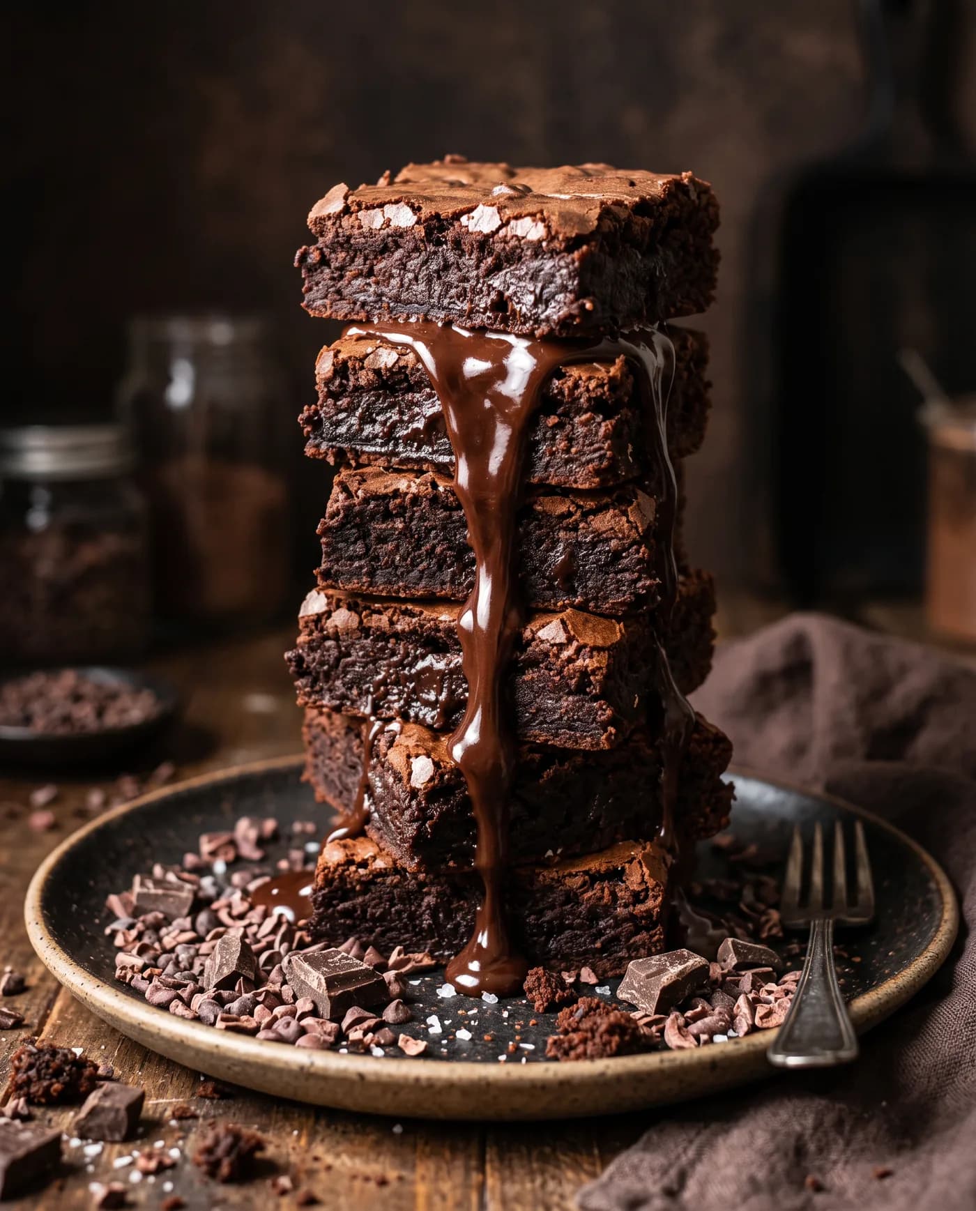 Tall stack of fudgy chocolate brownies drizzled with warm ganache